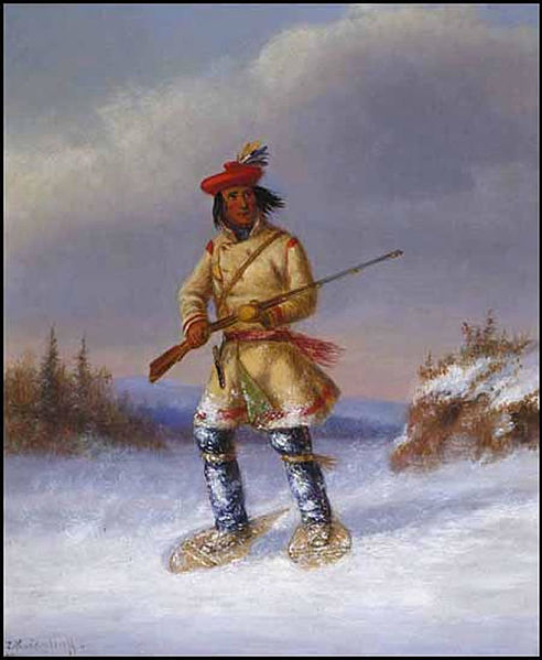 Indian Trapper with Red Feathered Cap in Winter